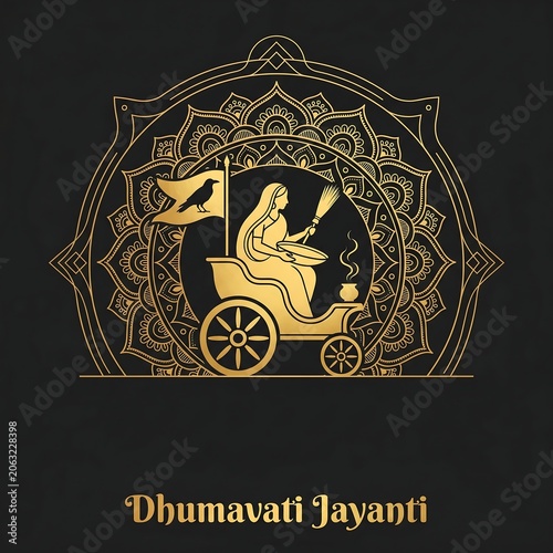 Elegant mandala art featuring goddess dhumavati seated on a chariot with peacock