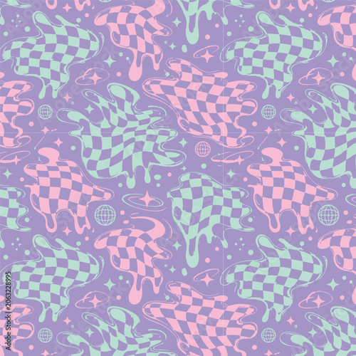 Seamless trippy groovy liquid checkerboard pattern, pastel purple repeating background with distorted melting checkered puddles, retro Y2K aesthetic texture with stars and planet elements