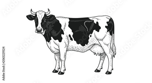 Standing dairy cow with black and white spots in engraving style