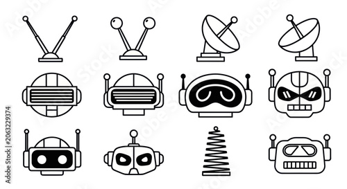 Retro robot head icons and communication antenna outline collection