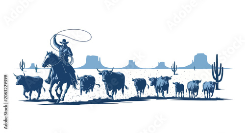 Foto Cowboy herding cattle in a desert landscape with mesa buttes