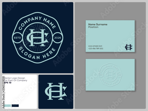 Premium monogram of intersecting letters H and C in a thin, rounded octagonal frame with letters. Abstract logo. Brand identity. Business card.