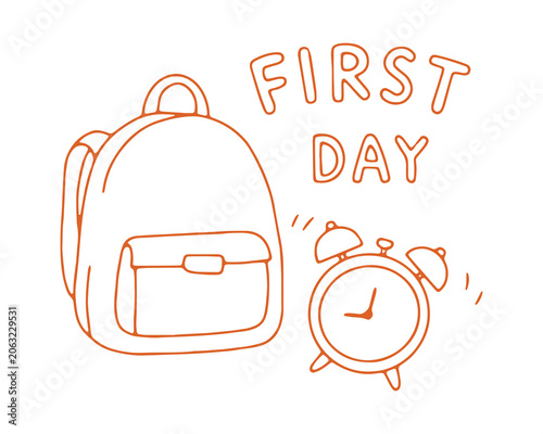 Bild auf Leinwand First day of school doodle Illustration with backpack and alarm clock