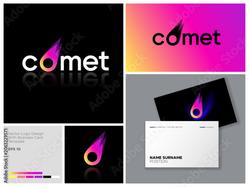 Comet logo.  Letter O like impetuous hot comet. Astronomical object icon. Corporate identity. Business card.