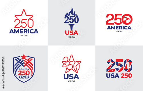 America 250 Year Anniversary USA Vector Logo Collection Set of Six Patriotic Designs for Semiquincentennial Celebration