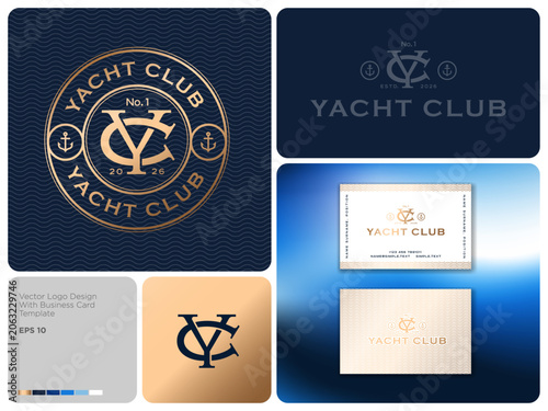 Monogram of intersecting letters Y and C in a thin round frame with letters and anchors. Yacht club logo, seafood restaurant logo.
