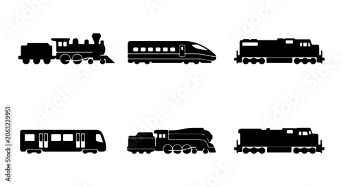 Diverse Train Silhouettes Collection, Vintage Steam Locomotive, Modern High-Speed Rail, Freight Engine Icons, Public Transport Vector Set, Transportation Graphics