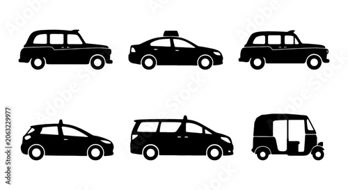 Diverse Taxi and Auto Rickshaw Silhouettes, Black Vector Icons for Transportation Services, City Travel, and Urban Mobility Concepts