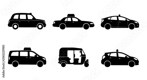 Diverse Taxi and Auto Rickshaw Icons, Black Silhouette Vector Collection for Urban Transport and City Navigation Graphics