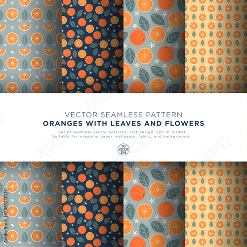 A set of four seamless patterns featuring oranges, sliced ​​fruit, flowers, and leaves. Decorative flat style with botanical elements.