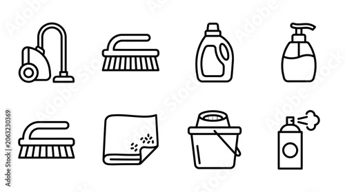 Home Cleaning Supplies Icon Set - Vacuum, Brushes, Detergent, Spray, Rag