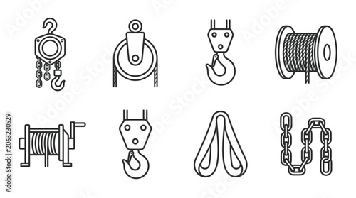 Industrial Lifting Equipment Icons: Hoist, Pulley, Hook, Winch, Rope, Chain