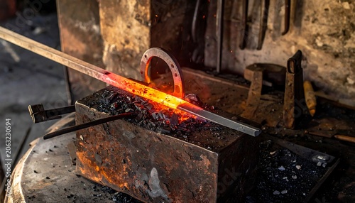 A glowing piece of metal being shaped on an anvil in a workshop