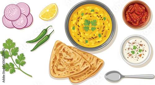 Schilderij op canvas Indian Cuisine Food Vector Illustration Set Featuring Yellow Dal Tadka, Paratha