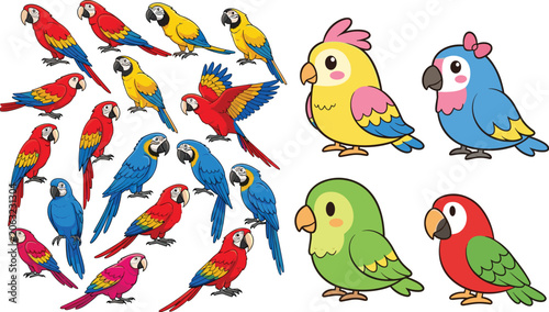 Foto Colorful macaw parrot birds big collection with cute kawaii style chibi parrot c