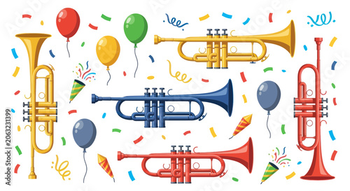 Photography Colorful trumpets with balloons and confetti for festive celebration