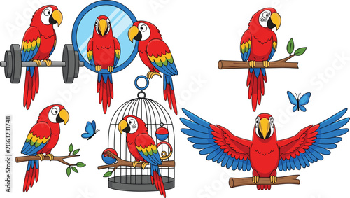 Fotografie Colorful red macaw parrot perched on branch looking in mirror inside cage and fl
