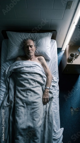 An Elderly Man Lying In A Hospital Bed With A Somber Expression