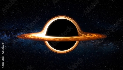 A glowing ring surrounds a dark circle in the vastness of space