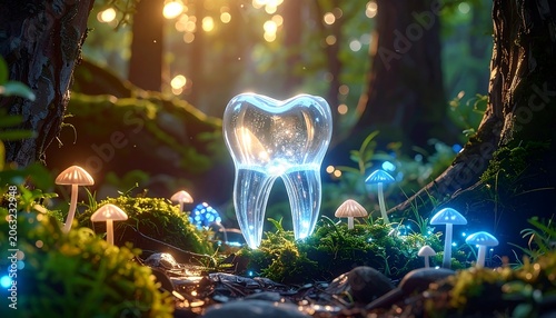 A glowing, translucent tooth stands amidst a mystical forest with luminescent mushrooms and moss