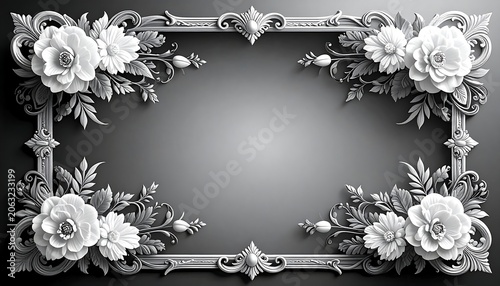 A grayscale ornate frame with flowers and foliage on a gradient background