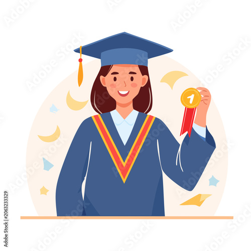 Female graduate holding medal in cap and gown