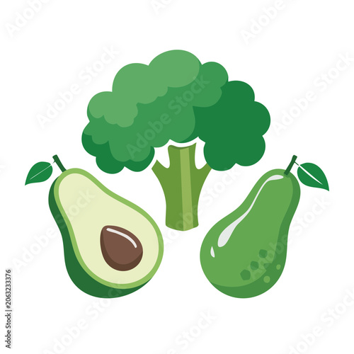 Flat Design Illustration of Avocado Broccoli and Pear