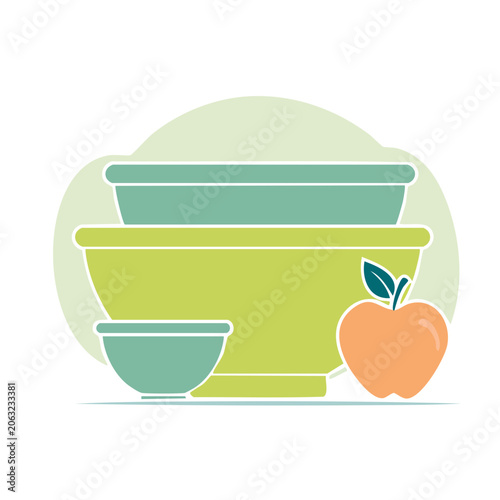 Flat Design Illustration of Stacked Bowls and Apple