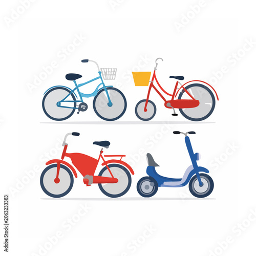 Flat Design Illustration of Bicycles and Scooter