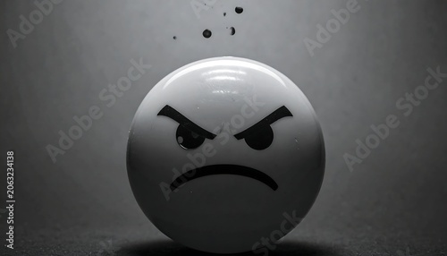 A grayscale sphere with an angry face expression and particles rising