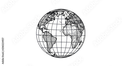Antique world map globe in hand drawn engraving style