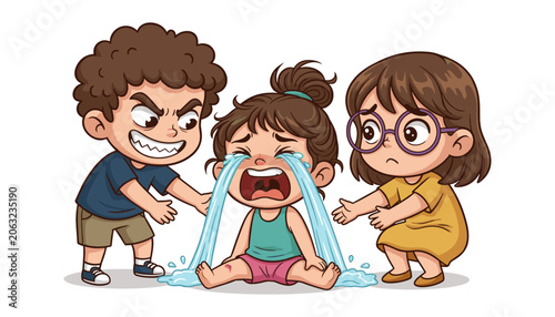 Foto Illustration of a boy bullying a crying girl with supportive friend, bullying