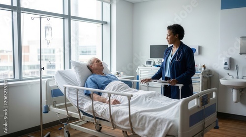 Caring Doctor Discusses Patient Recovery In Sunny Hospital Room