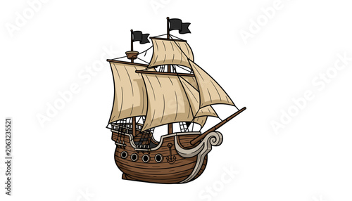 Tableau sur toile Vintage wooden pirate ship with sails and flags illustration nautical isolated