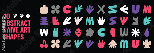 40 Abstract Naive Art Shapes Hand Drawn Colorful Elements on Black Background