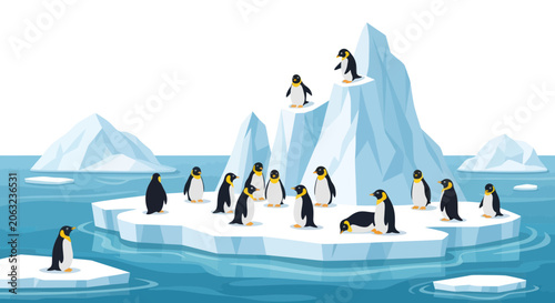Canvastavla Emperor penguins standing on white ice floes in blue ocean water