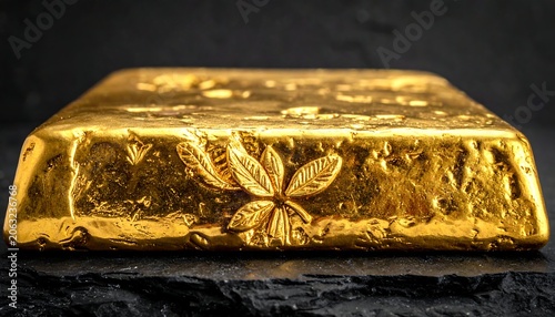 A gold bar with a textured surface and leaf pattern on a dark background