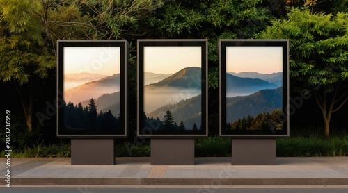 Three vertical digital billboards show mountain fog landscape at sunrise. Billboards are set on pavement in green park near trees and bushes. Modern outdoor ad panels display nature scene. Ad space.