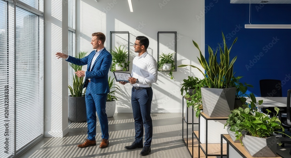 Fototapeta premium Business Professionals Discussing Office Plans Near Large Window with Plants