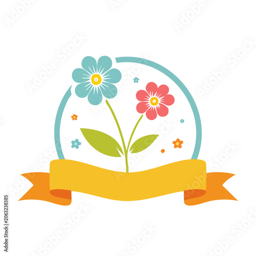 Flat Design Floral Badge with Ribbon Banner