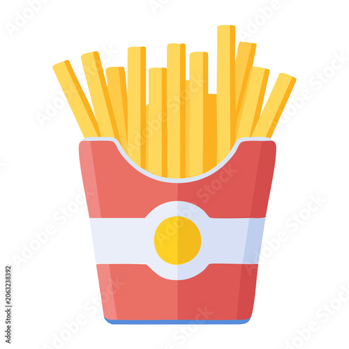Flat design icon of french fries in a red container