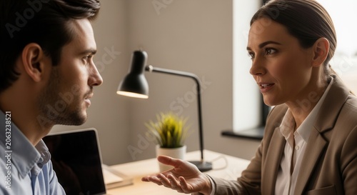 Business Professionals Engaging In Focused Conversation At Their Desk