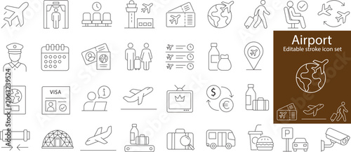 Airport Icon Set editable stroke. flight line icons, including plane, airplane, flight, airline, boarding pass, tickets, baggage, seat, aerodrome, traveler