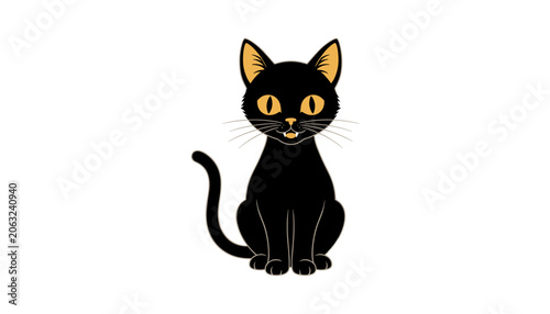 Fotografie Sitting black cat with bright yellow eyes domestic character illustration