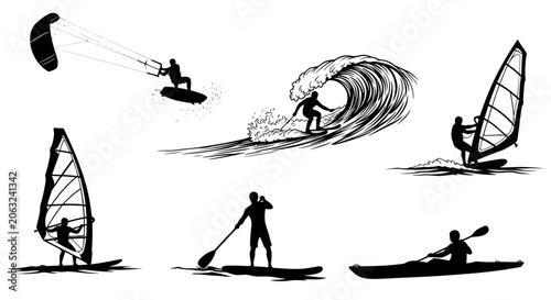 Photography Extreme water sports silhouettes featuring surfing and kayaking
