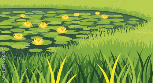Bild auf Leinwand Yellow water lilies blooming on a peaceful pond with green lily pads