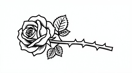 Black and white graphic of a single rose with leaves on a thorny stem. Linear illustration suitable for logos and vintage designs. Simple line art for branding.