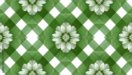 A green argyle pattern with white flowers on a white background