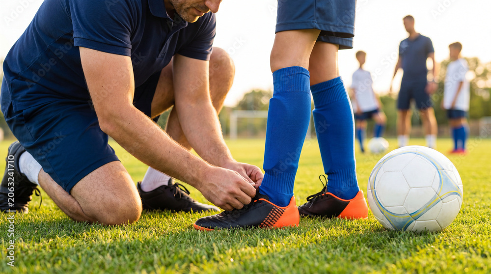 Fototapeta premium Coach tying a child’s black and orange soccer shoes beside a white ball on green grass before youth football training in warm evening light