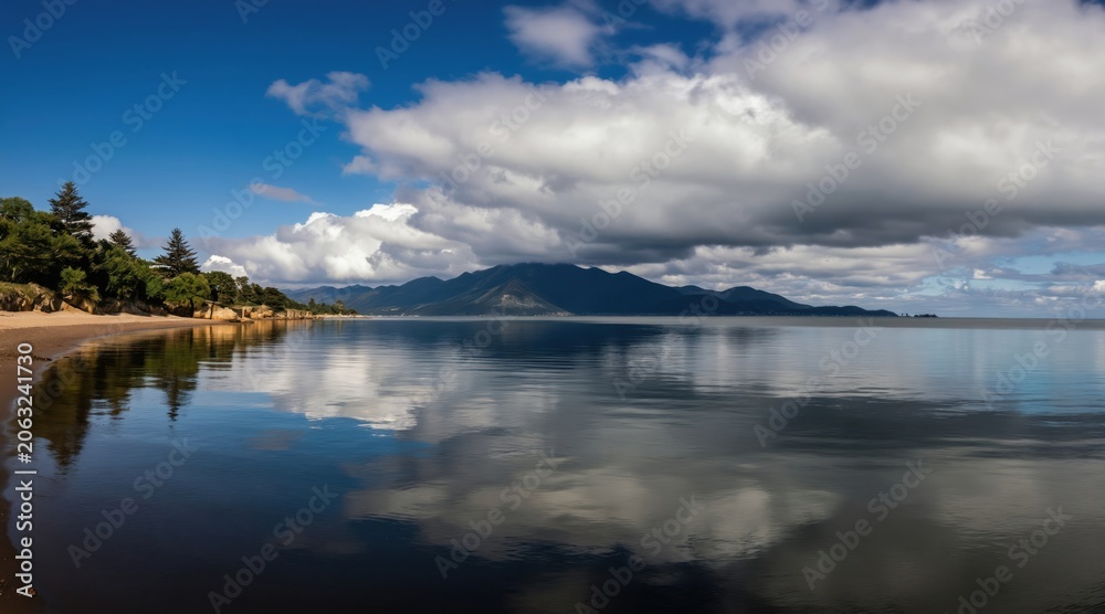Fototapeta premium Wide angle view of coastal landscape with calm water reflecting trees and mountains under dramatic cloudy sky. Sandy beach borders still lake during daytime.